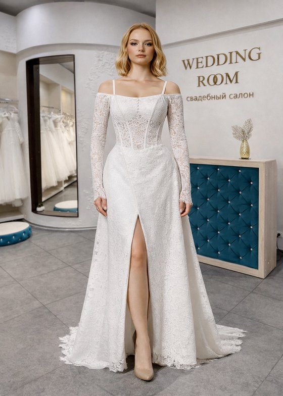 Свадебное платье с кружевными рукавами и разрезом на ноге