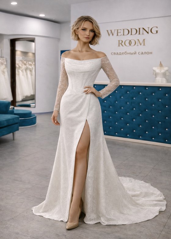 Свадебное платье с кружевными рукавами и разрезом